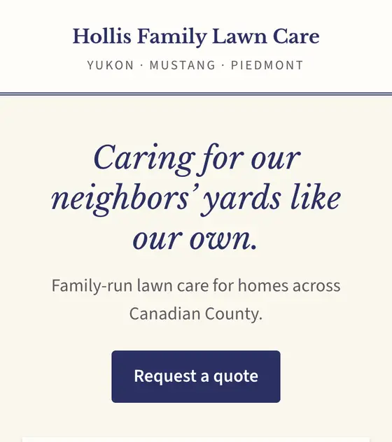 Top of a sample homepage in the classic family style, for a made-up business called Hollis Family Lawn Care.