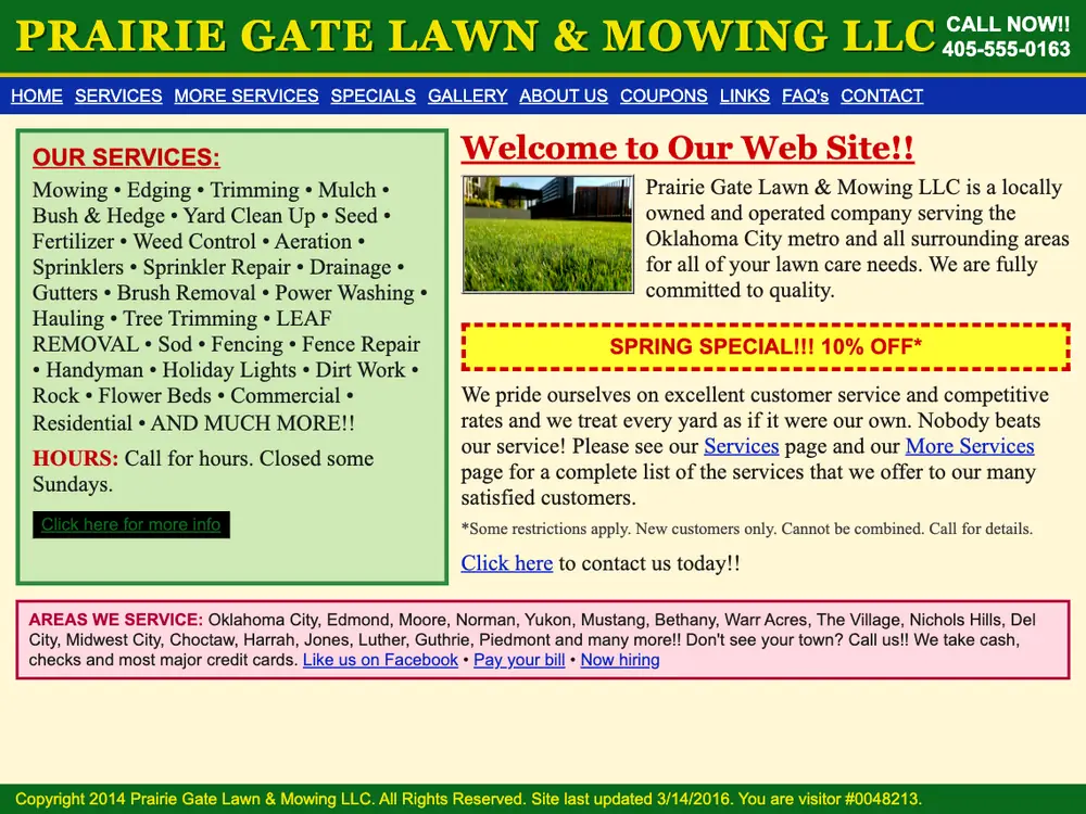 Old homepage for Prairie Gate Lawn and Mowing, a sample business, with clashing colors, crowded text, and a long list of services.